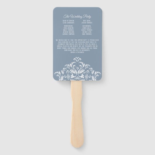 Dusty Blue Elegant Damask Wedding Program Fan Handwaaier (Achterkant)