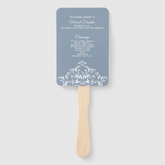 Dusty Blue Elegant Damask Wedding Program Fan Handwaaier (Voorkant)
