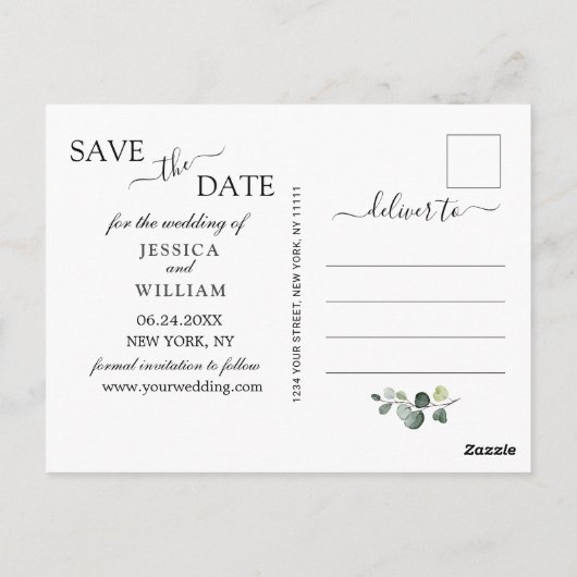 Dusty Blue Elegant Eucalyptus FOTO Save the Date Briefkaart (Achterkant)