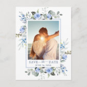 Dusty Blue Elegant Eucalyptus FOTO Save the Date Briefkaart (Voorkant)
