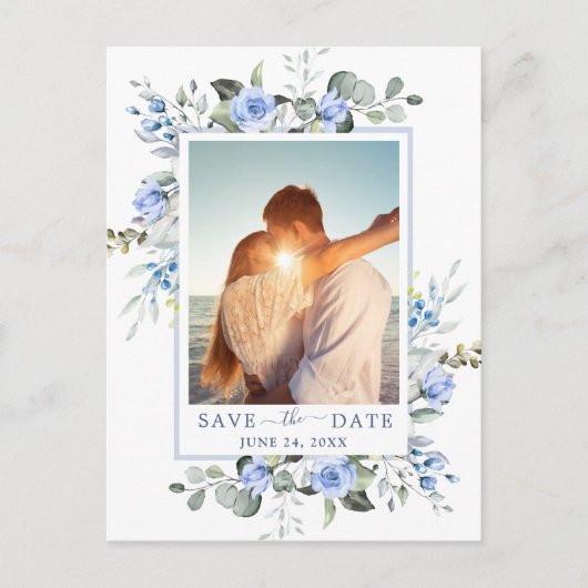 Dusty Blue Elegant Eucalyptus FOTO Save the Date Briefkaart (Voorkant)