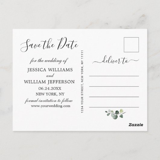 Dusty Blue Elegant Eucalyptus FOTO Save the Date Briefkaart (Achterkant)