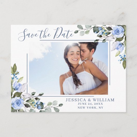Dusty Blue Elegant Eucalyptus FOTO Save the Date Briefkaart (Voorkant)