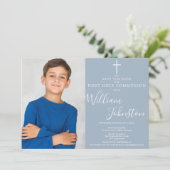 Dusty Blue Elegant First Heilige Communfoto Save The Date (Staand voorkant)