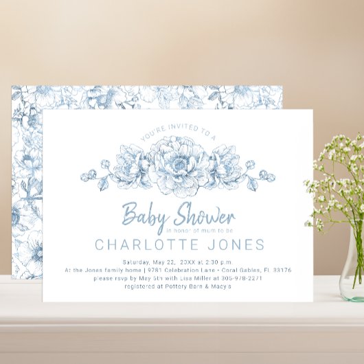 Dusty Blue Elegant Floral Baby shower Uitnodigen Kaart