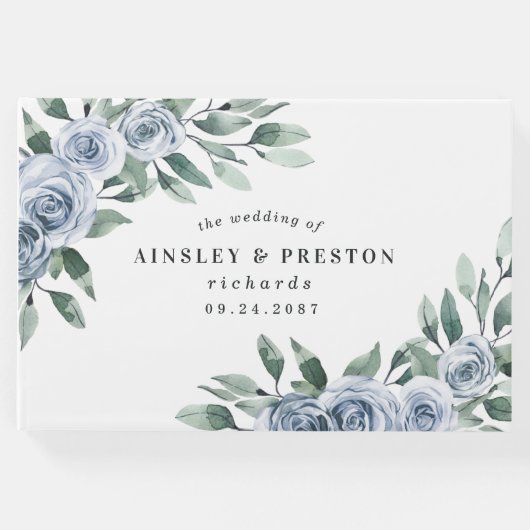 Dusty Blue Elegant Floral Boho Roos Rustic Wedding Gastenboek (Voorkant)