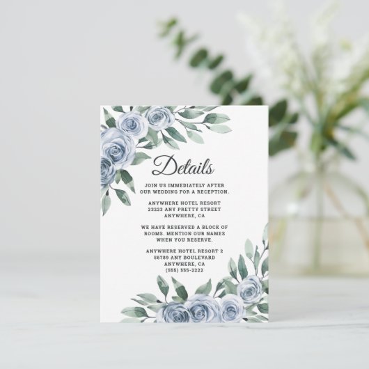 Dusty Blue Elegant Floral Boho Roos Rustic Wedding Informatiekaartje (Staand voorkant)