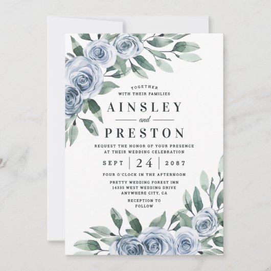 Dusty Blue Elegant Floral Boho Roos Rustic Wedding Kaart (Voorkant)