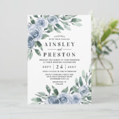 Dusty Blue Elegant Floral Boho Roos Rustic Wedding Kaart (Staand voorkant)