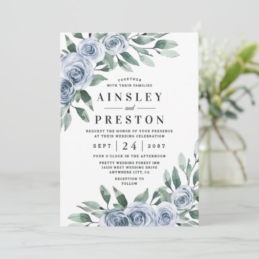 Dusty Blue Elegant Floral Boho Roos Rustic Wedding Kaart (Staand voorkant)