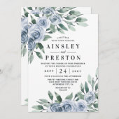 Dusty Blue Elegant Floral Boho Roos Rustic Wedding Kaart (Voorkant / Achterkant)