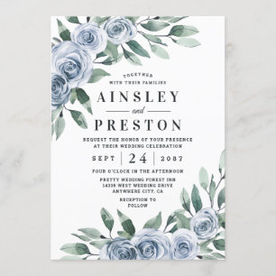 Dusty Blue Elegant Floral Boho Roos Rustic Wedding Kaart