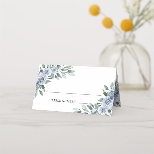 Dusty Blue Elegant Floral Boho Roos Rustic Wedding Plaatskaartje (Voorkant)