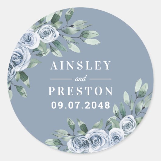 Dusty Blue Elegant Floral Boho Roos Rustic Wedding Ronde Sticker (Voorkant)