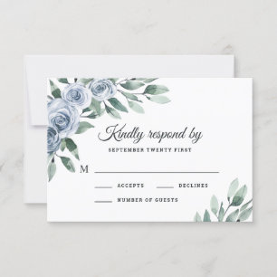 Dusty Blue Elegant Floral Boho Roos Rustic Wedding RSVP Kaartje