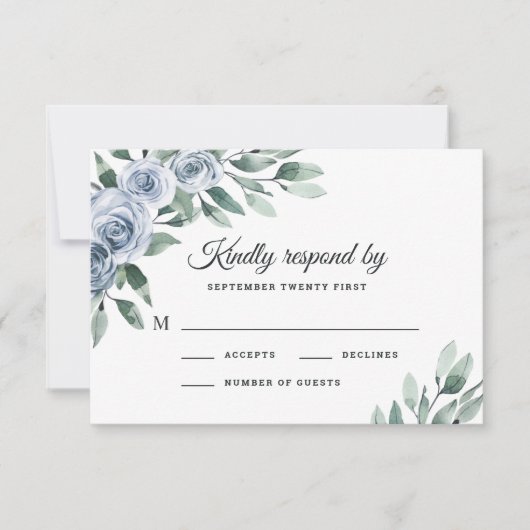 Dusty Blue Elegant Floral Boho Roos Rustic Wedding RSVP Kaartje (Voorkant)