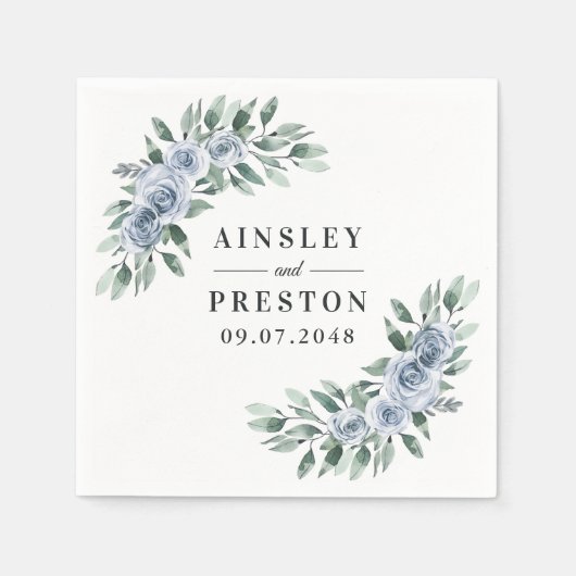 Dusty Blue Elegant Floral Boho Roos Rustic Wedding Servet (Voorkant)