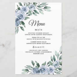 Dusty Blue Elegant Floral Boho Wedding Menu Kaarte