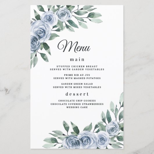 Dusty Blue Elegant Floral Boho Wedding Menu Kaarte (Voorkant)
