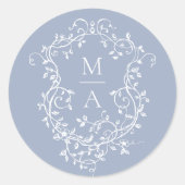 Dusty Blue Elegant Floral Crest Monograms Ronde Sticker (Voorkant)