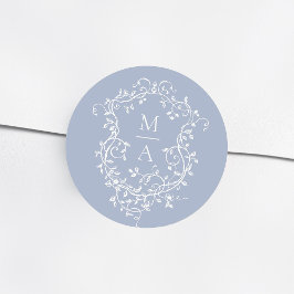 Dusty Blue Elegant Floral Crest Monograms Ronde Sticker