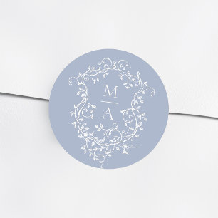 Dusty Blue Elegant Floral Crest Monograms Ronde Sticker