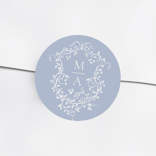 Dusty Blue Elegant Floral Crest Monograms Ronde Sticker