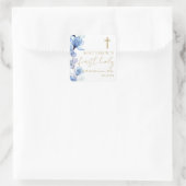Dusty Blue Elegant Floral Eerste Heilige Communie Vierkante Sticker (Tas)