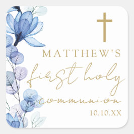 Dusty Blue Elegant Floral Eerste Heilige Communie Vierkante Sticker