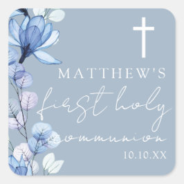 Dusty Blue Elegant Floral Eerste Heilige Communie Vierkante Sticker
