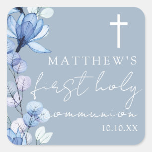 Dusty Blue Elegant Floral Eerste Heilige Communie Vierkante Sticker