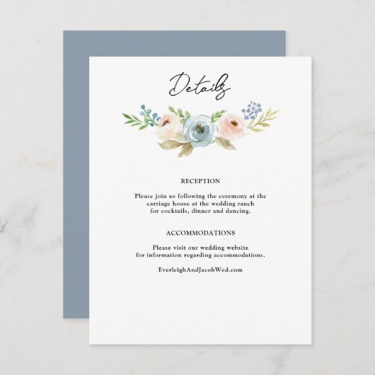 Dusty Blue Elegant Floral Rustic Wedding Enclosure Informatiekaartje (Voorkant / Achterkant)