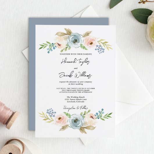 Dusty Blue Elegant Floral Rustic Wedding Kaart