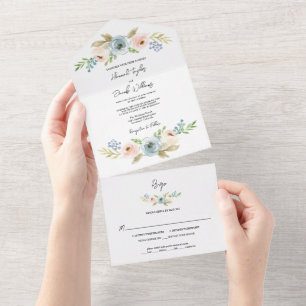 Dusty Blue Elegant Floral Rustic Wedding met RSVP All In One Uitnodiging