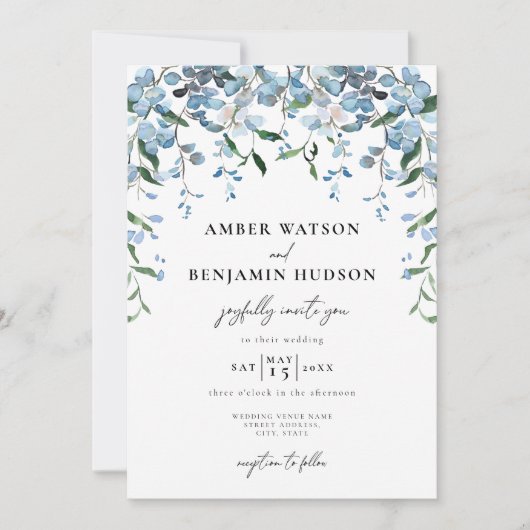 Dusty Blue Elegant Floral Waterverf Wedding Kaart (Voorkant)