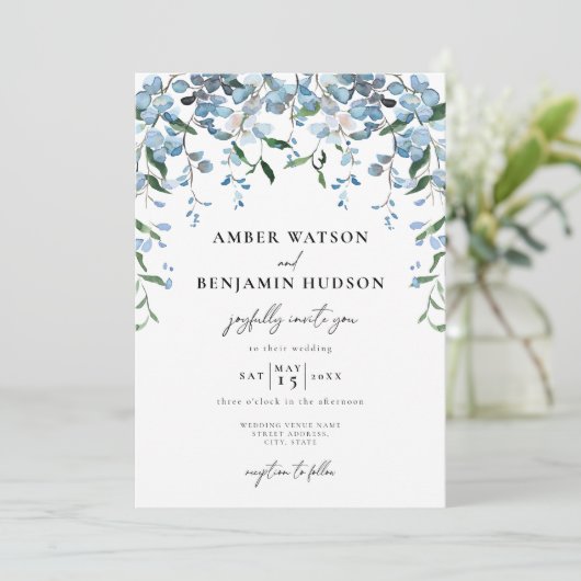 Dusty Blue Elegant Floral Waterverf Wedding Kaart (Staand voorkant)
