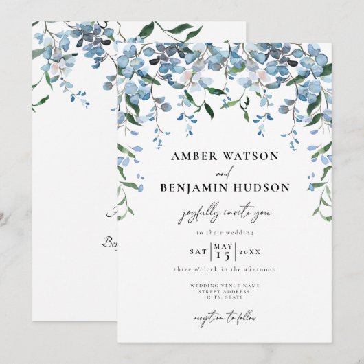 Dusty Blue Elegant Floral Waterverf Wedding Kaart (Voorkant / Achterkant)