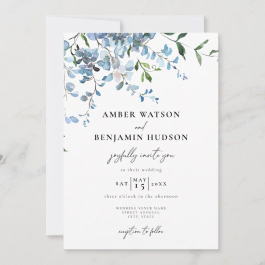Dusty Blue Elegant Floral Waterverf Wedding Kaart (Voorkant)