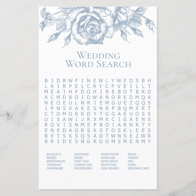Dusty Blue Elegant Floral Wedal Word Search (Voorkant)