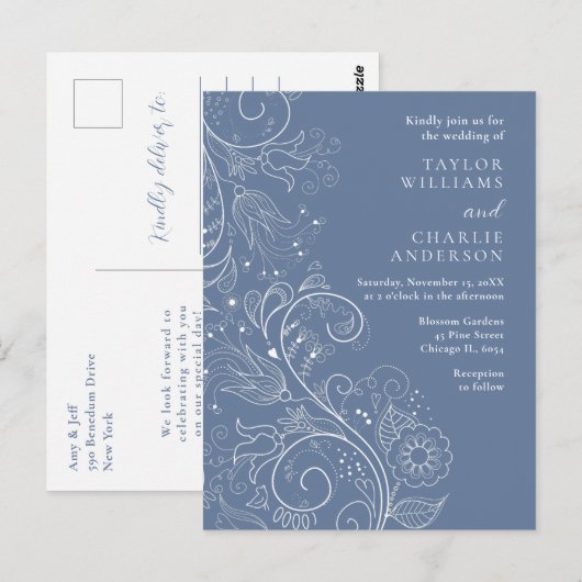 Dusty Blue Elegant Floral Wedding Briefkaart (Voorkant / Achterkant)