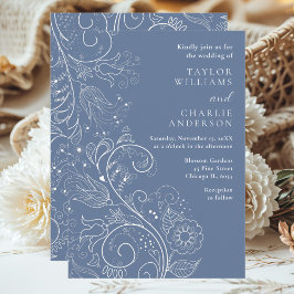 Dusty Blue Elegant Floral Wedding Kaart