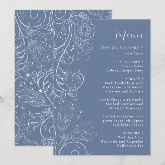 Dusty Blue Elegant Floral Wedding Menu (Voorkant / Achterkant)