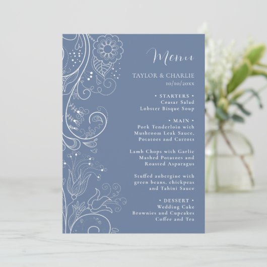 Dusty Blue Elegant Floral Wedding Menu (Staand voorkant)