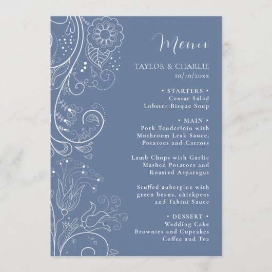 Dusty Blue Elegant Floral Wedding Menu (Voorkant)
