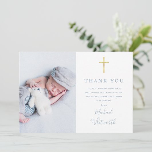 Dusty Blue Elegant Foto Handtekening Script Doop Bedankkaart (Staand voorkant)