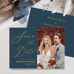 Dusty Blue Elegant Gold Script Modern Wedding Save The Date