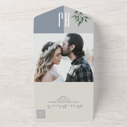 Dusty Blue Elegant Greenery Wedding All In One Uitnodiging (Buitenkant)