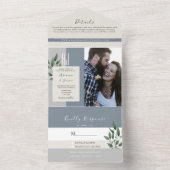 Dusty Blue Elegant Greenery Wedding All In One Uitnodiging (Binnen)