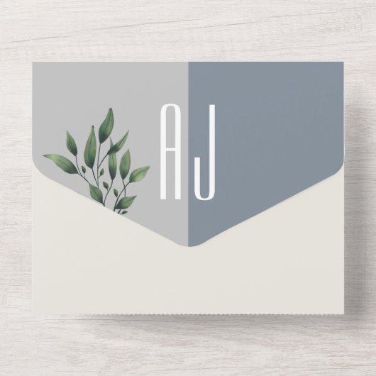 Dusty Blue Elegant Greenery Wedding All In One Uitnodiging (Achterkant)