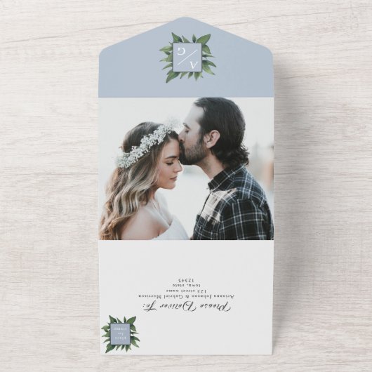 Dusty Blue Elegant Greenery Wedding All In One Uitnodiging (Buitenkant)